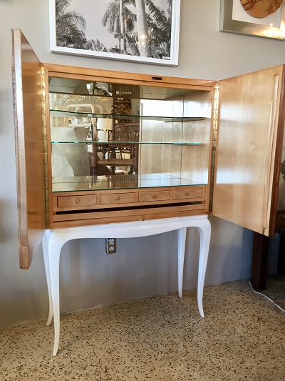 Restored 1940s Walnut Inlaid Bar Cabinet with Mirrored Interior